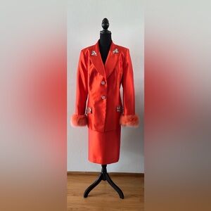 Solini Orange 2pc Skirt Suit w/Faux Fur and Rhinestones, Sequin, Beads Size 16